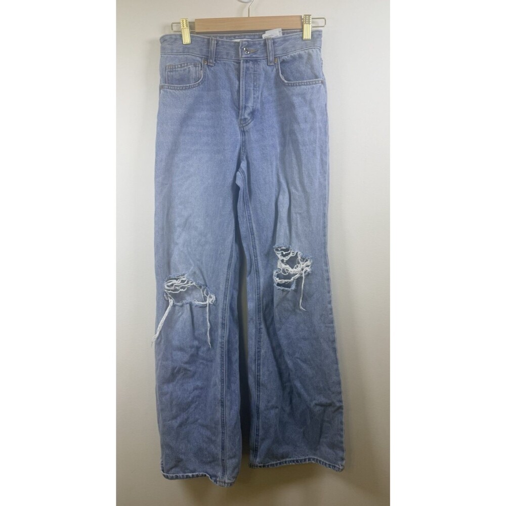 Womens H&M Wide-Leg Jeans Light Wash Blue Distressed 5-Pocket Cotton Size 2
